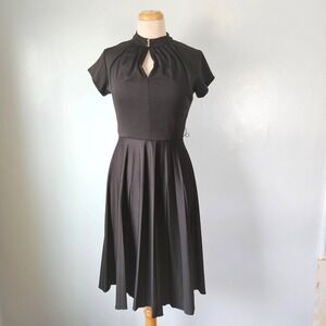 Vtg 1970s Sears Black Pleated Fit Flare Dress Mock Neck Keyhole Sz 12 Retro LBD